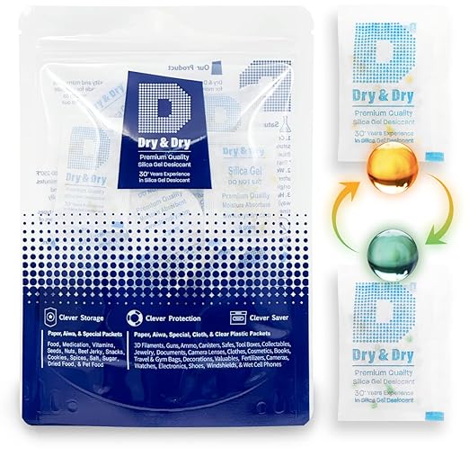 Dry & Dry Premium Orange Indicating Silica Gel Packets Desiccants - Food Safe Silica Gel Packets - White - 60 Packets (5 Gram)
