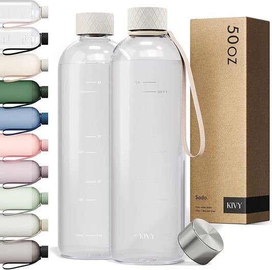 KIVY Large Water Bottle 50oz [Lightweight & Shatterproof] - Fits Backpack & Cupholder for Travel, Sports, School - Clear, No Straw, 1.5 Liter-FlexoryFit