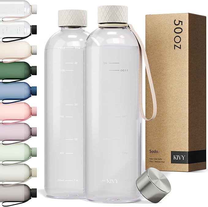 KIVY Large Water Bottle 50oz [Lightweight & Shatterproof] - Fits Backpack & Cupholder for Travel, Sports, School - Clear, No Straw, 1.5 Liter
