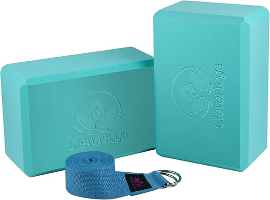 Clever Yoga Blocks 2 Pack with Strap - Extra Light Weight Sweat Repelling Foam Yoga Block Set with Cotton 8ft Yoga Stretch Strap - Yoga Block and Strap Set Kit for Beginner to Pro - Exercise-FlexoryFit