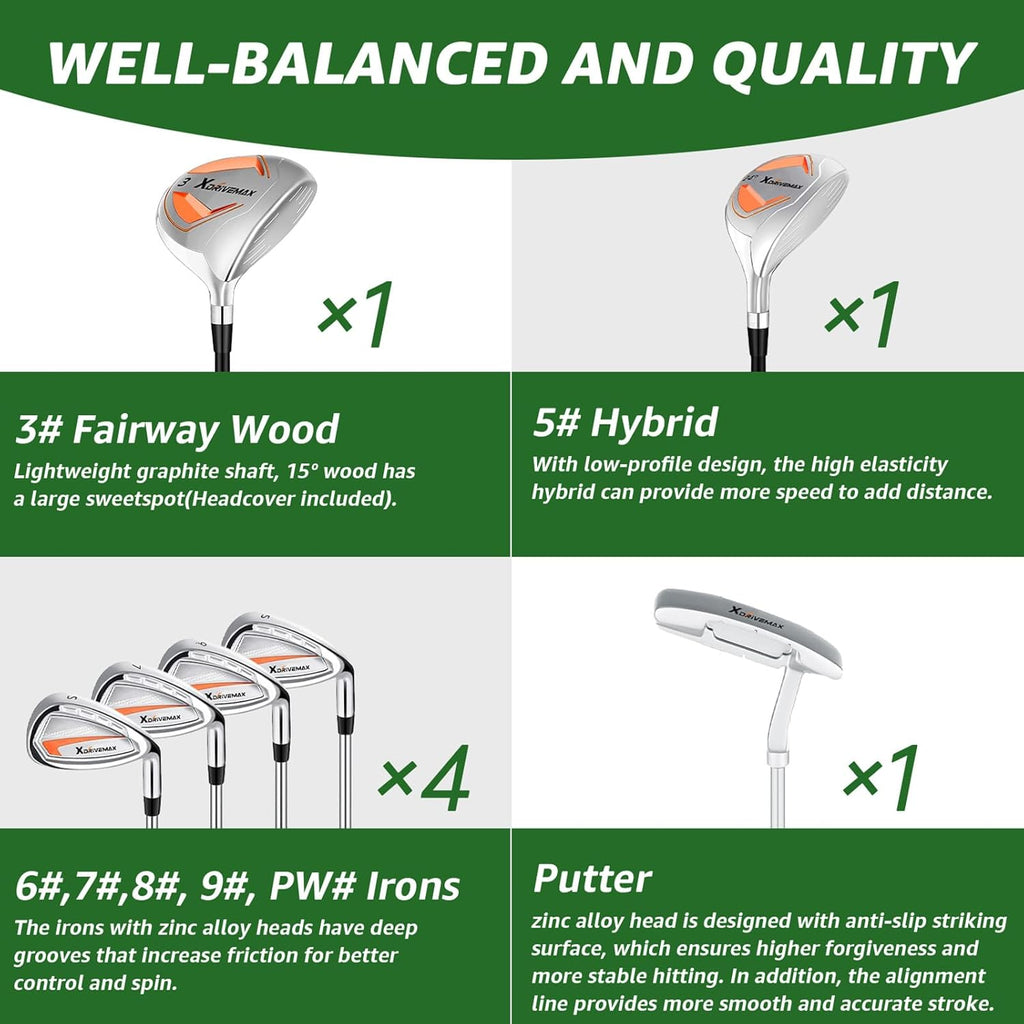 8 Pieces Complete Golf Club Set – Full Set with Bag, Fairway Wood, Hybrid, Irons, Putter – Lightweight, Beginner Friendly, Premium Quality, Distance & Accuracy, Easy to Use for Men & Women