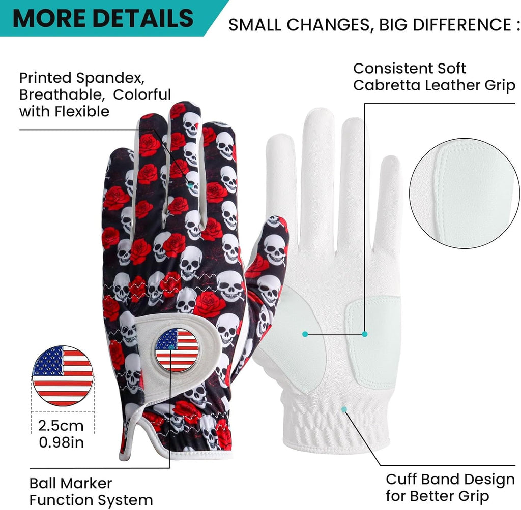 FINGER TEN Golf Gloves Men Left Hand Right with Ball Marker USA Flag Blue Camo Plaid Pack, Mens Leather Golf Glove All Weather Grip Small Medium ML Large XL