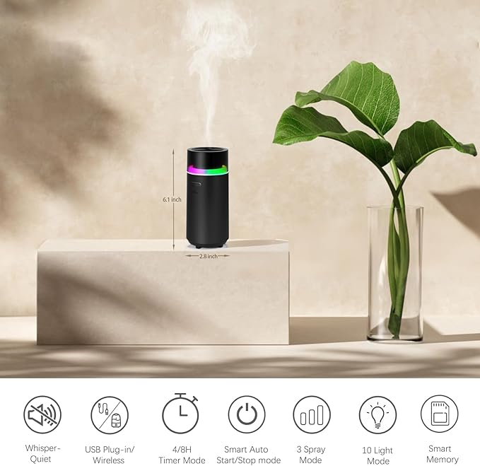 Smart Car Diffuser for Essential Oil,3000 mAH Rechargeable Battery,Cool Mist Aromatherapy Air Freshener Diffuser,Auto On/Off with Car,4/8H Timer Modes,for Bedroom,Office,Travel(Black)