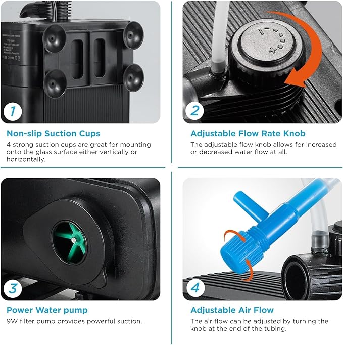 Internal Fish Tank Filter with 9W UV Light, Multi Filter Materials, Adjustable Water Flow Submersible 850L/H Aquarium Filter Pump for 40~60 Gal Freshwater or 25~40 Gal Saltwater, TU-900(225GPH)