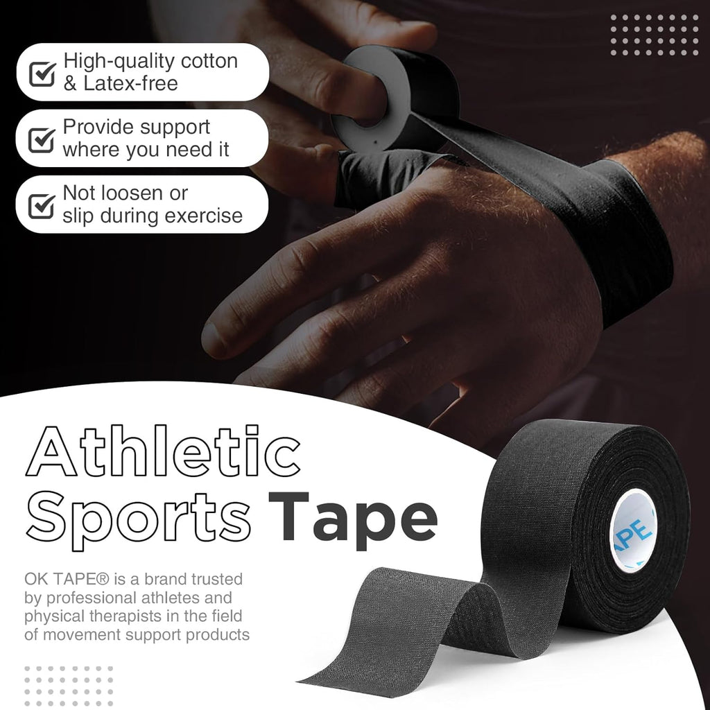 OK TAPE 4 Rolls Black Athletic Tape, Sports Tape, Very Strong Easy Tear Wrist Ankle Tape, No Sticky Residue | Athletes, Medical, Athletic Trainers- 1.5inch x 15yards