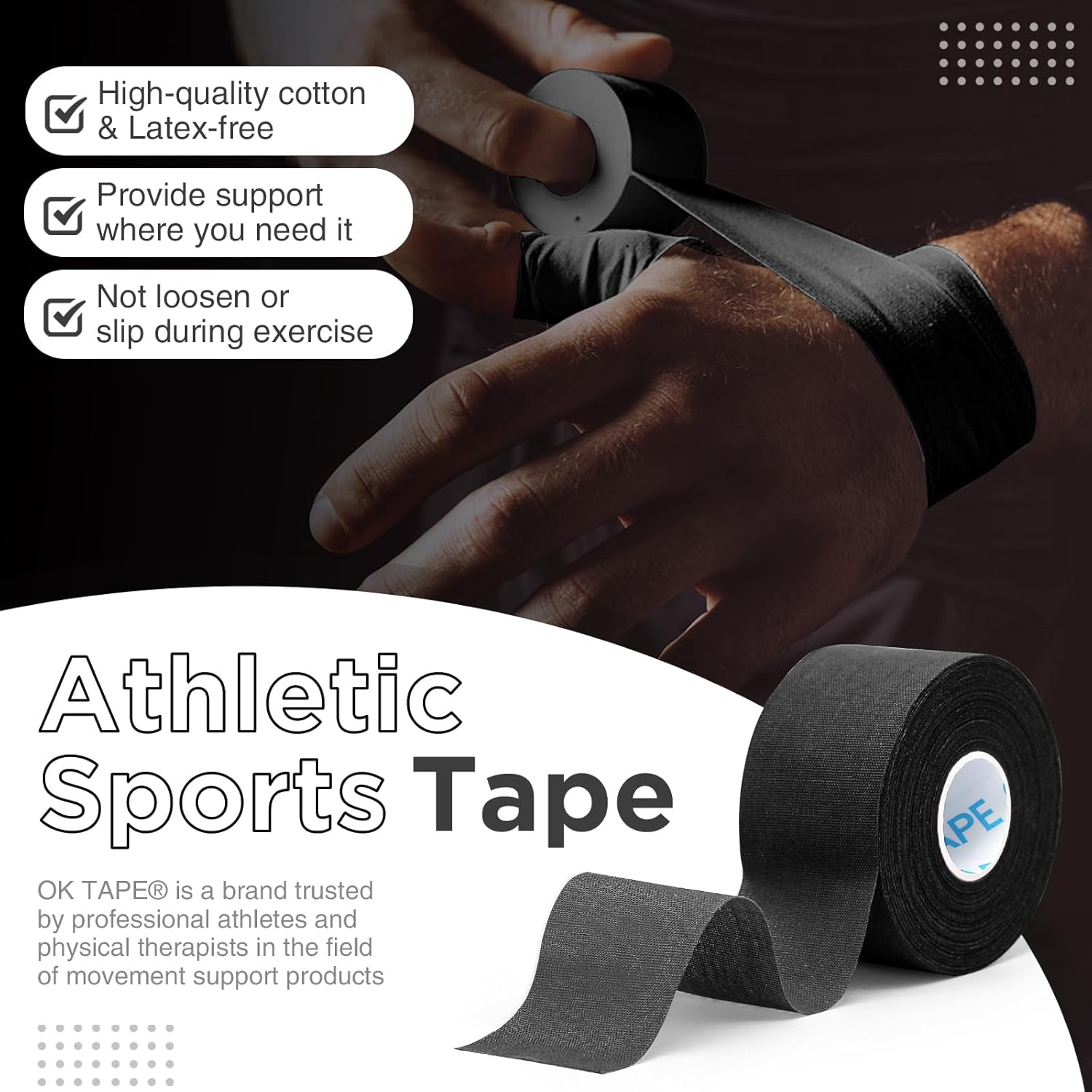 OK TAPE 4 Rolls Black Athletic Tape, Sports Tape, Very Strong Easy Tear Wrist Ankle Tape, No Sticky Residue | Athletes, Medical, Athletic Trainers- 1.5inch x 15yards