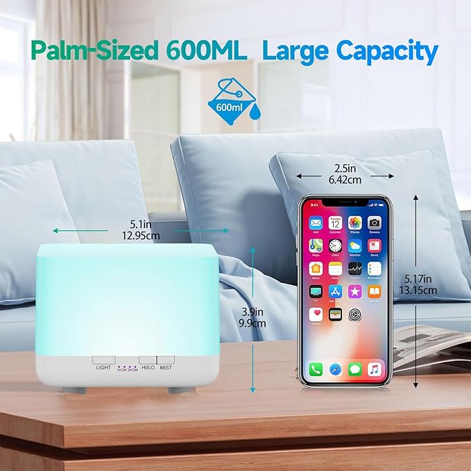 600ml Essential Oil Diffuser White Cute Humidifier with Adjustable Mist Mode,Auto Off,7-Colors Night lignts 3 in 1 Portable Aroma Diffuser for Bedroom/Office/Home