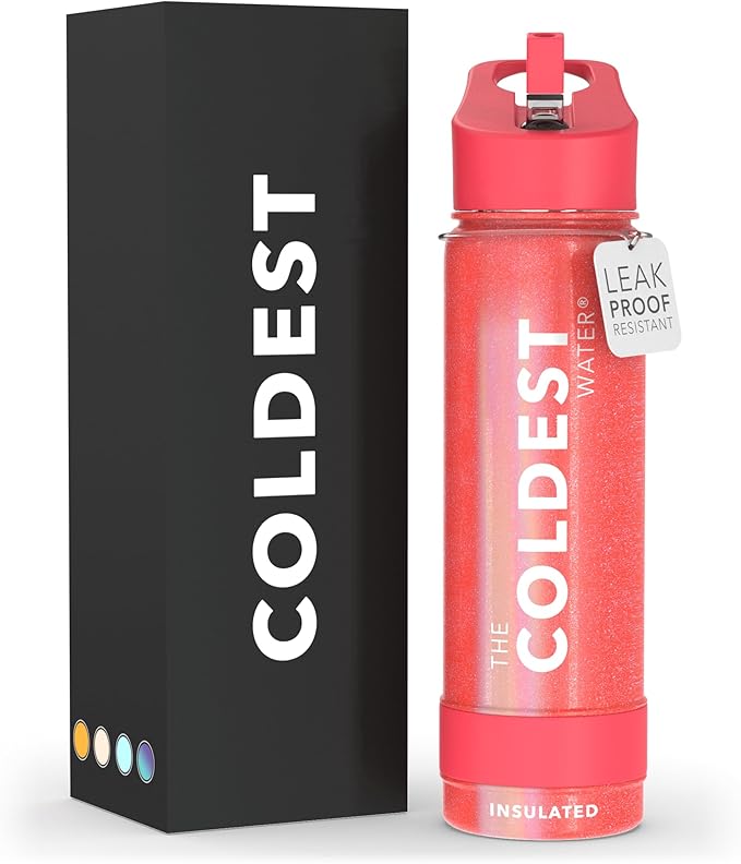 Coldest Insulated Water Bottle with Straw Lid - Stainless Steel Metal Insulated Bottle for Men & Women (Mars Red Glitter, 24 oz)