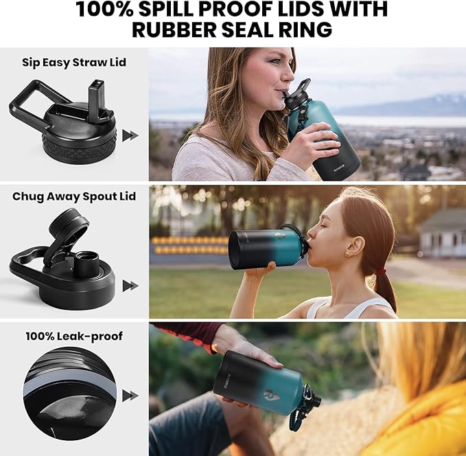 Insulated Water Bottle 64 oz, Triple Wall Vacuum Stainless Steel (Cold for 48 Hrs), Leak Proof & Non-BPA, Half Gallon Water Flask Jug with Paracord Handle & Straw Spout Lids-FlexoryFit