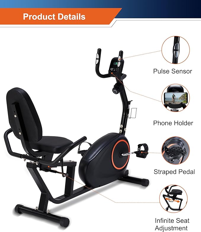 Recumbent Exercise Bike for Seniors - 400LB Weight Capacity Recumbent Bikes with Comfortable Seat, Pulse Sensor, 16-level Resistance, LCD Monitor-FlexoryFit