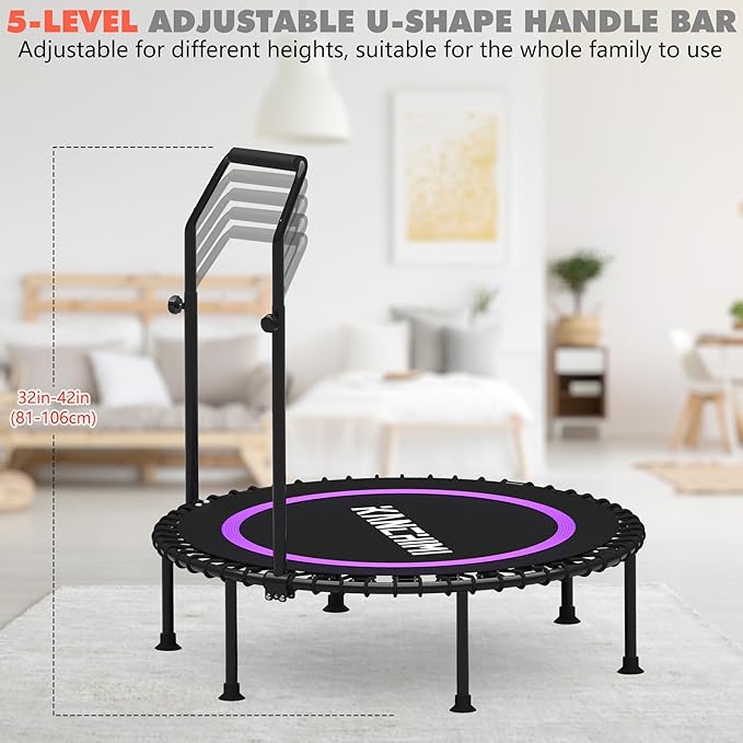Kanchimi 550 LBS Foldable Mini Trampoline, 40" Fitness Trampoline Without armrests/U Shape Adjustable Foam Handle, Stable&Quiet Exercise Rebounder for Adults Indoor/Outdoor Workout-FlexoryFit