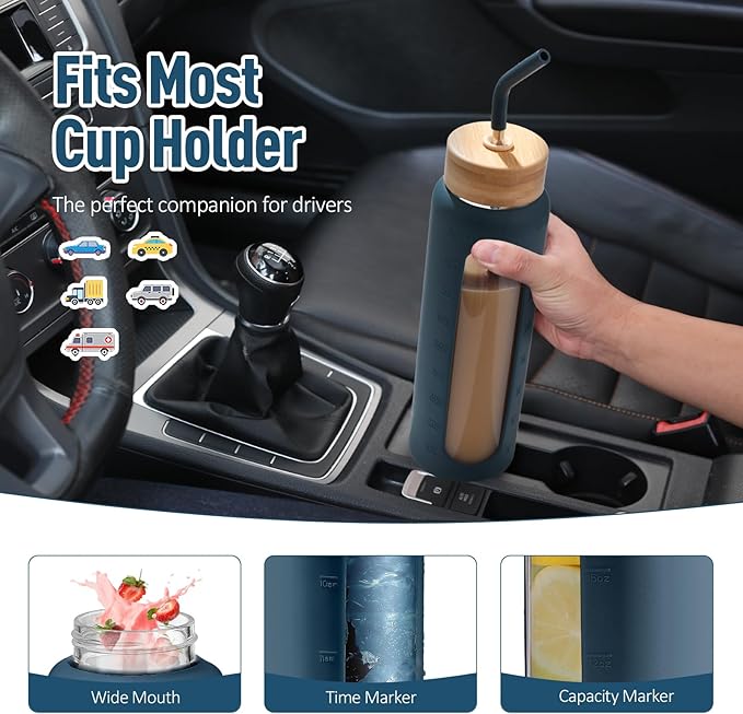 Kodrine Water Bottle with Straw, 24 oz Glass water Bottle with 2 Lids Bamboo Straw Lid and Spout Lid with Handle, 32 oz Clear Water Bottle Glass for Sports Travel, Waterbottle with Time Marker-FlexoryFit
