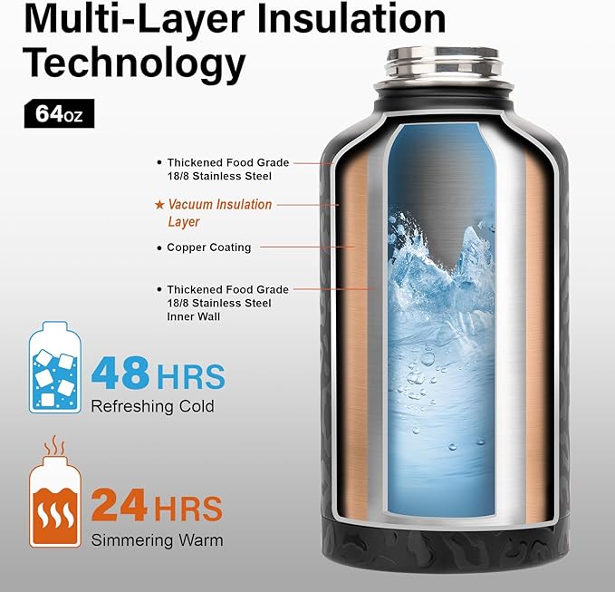 Insulated Water Bottle | Thickened Stainless Steel Vacuum Metal | Portable Sports Half Gallon Large Water Jug for Gym and Hiking with Straw, Carrier Bag, Handle Strap | BPA-Free 64 oz-FlexoryFit