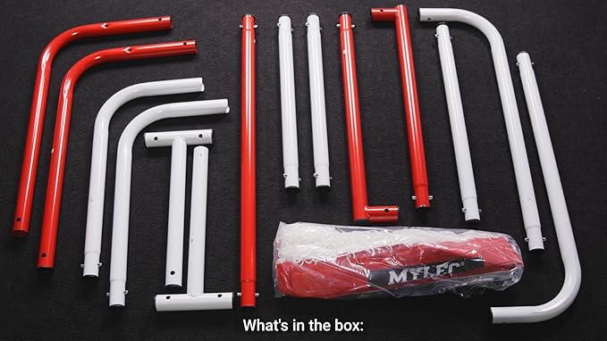Mylec Steel Junior Hockey Goal for Indoor + Outdoor (52” x 43”), Easy Assembly, Lightweight, Portable, and Net Weave System (Red, 17 Pounds)