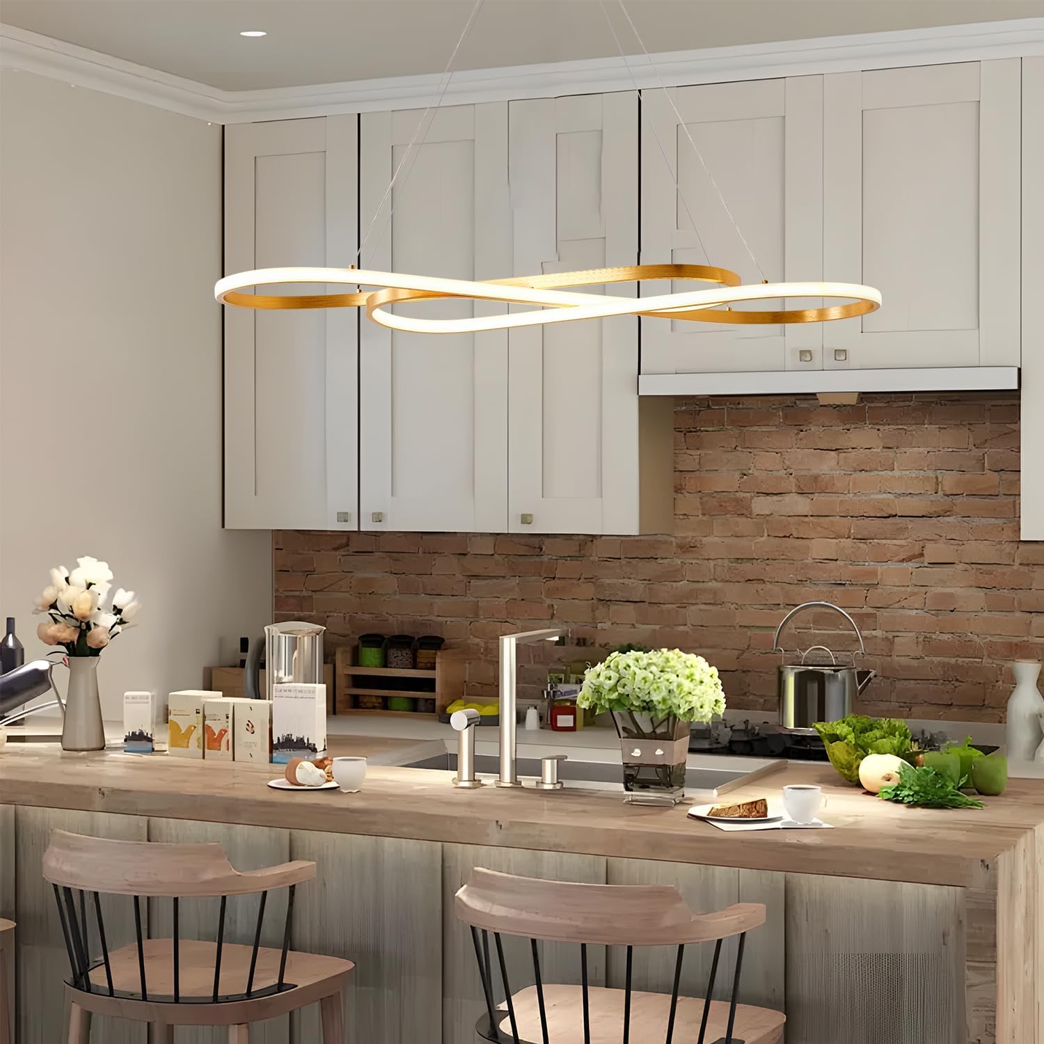 Gold Led Chandelier for Kitchen Island Lighting,Dimmable Modern Chandelier for Dining Room, L39.4" Modern Led Pendant Light Fixture Height Adjustable Brushed Gold Dining Room Light Fixture Over Table