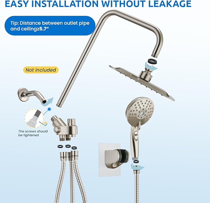 8" Dual Shower Head Combo, High Pressure Rainfall Shower Head with Handheld, 6 Spray Settings Angle Adjustable Handheld Shower Head with Pause, Height Adjustable, Brushed Nickel