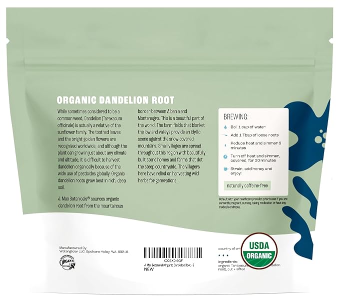 J Mac Botanicals Organic Dandelion Root (8 oz) unroasted, herb for tea and other infusions, Packaged in the USA, Certified USDA Organic-FlexoryFit