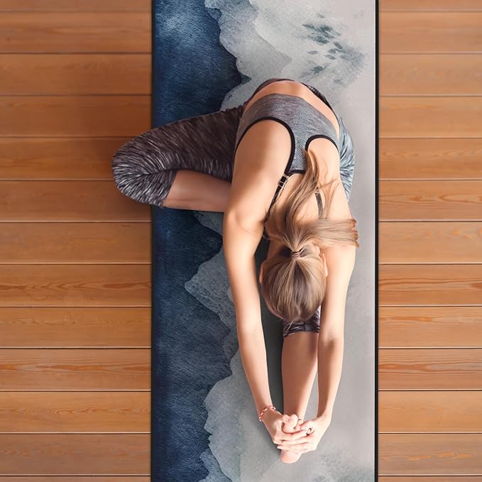 QiyI Yoga Mat Towel with Corner Pockets, Non Slip Sweat Absorbent Hot Yoga Towels, Soft Yoga Blankets with Travel Bag, Skidless Mat Cover for Workout, Gym, Fitness - 70"x26", Watercolor Mountain-FlexoryFit