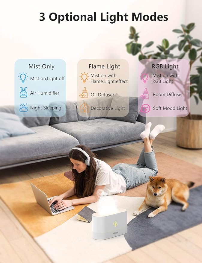 Essential Oil Diffuser, Air Humidifier with Flame Led Light - 7 Colors, 180mL Capacity (8 Hours), Noiseless Operation, Auto-Off Protection - Perfect for Home Bedroom Office Gifts(Black)