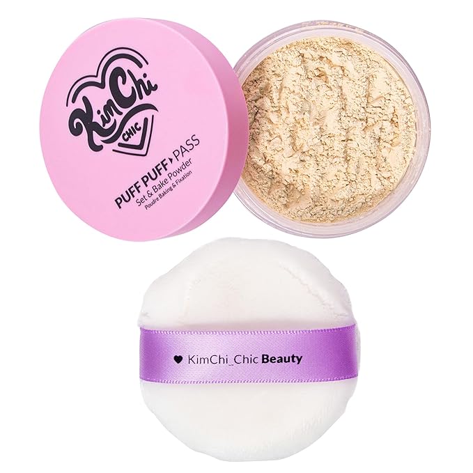 Kimchi Chic Beauty Puff Puff Pass Set and Bake Setting Powder for Makeup, Extra Fluffy Loose Face Powder Poof, Soft Natural Face Makeup for Uneven Skin Tone, 02 Banana-FlexoryFit