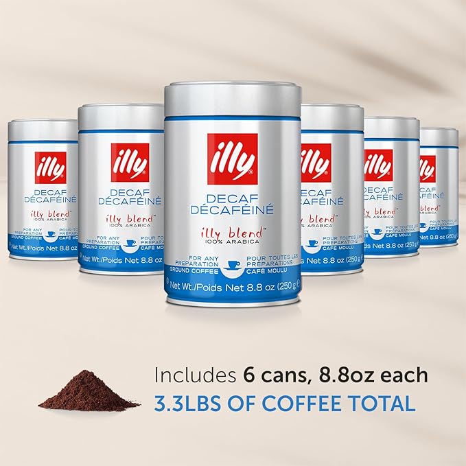 Illy Ground Espresso Coffee, Decaffeinated - Medium Roast - Mild & Balanced - 100% Arabica - Pressurized Packaging Sealed for Freshness - 8.8oz (Pack of 6)-FlexoryFit
