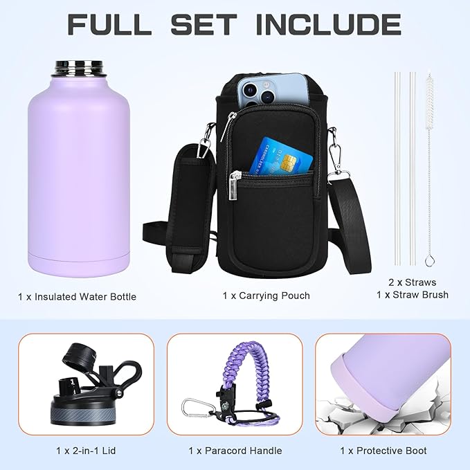 Insulated Water Bottle 64 oz, Half Gallon Water Jug Cold 48H, BPA Free Stainless Steel Bottles with Straw/Chug 2-in-1 Lid, Bag, Paracord Handle, Silicone Boot, Sports Gym School Metal Flask-FlexoryFit