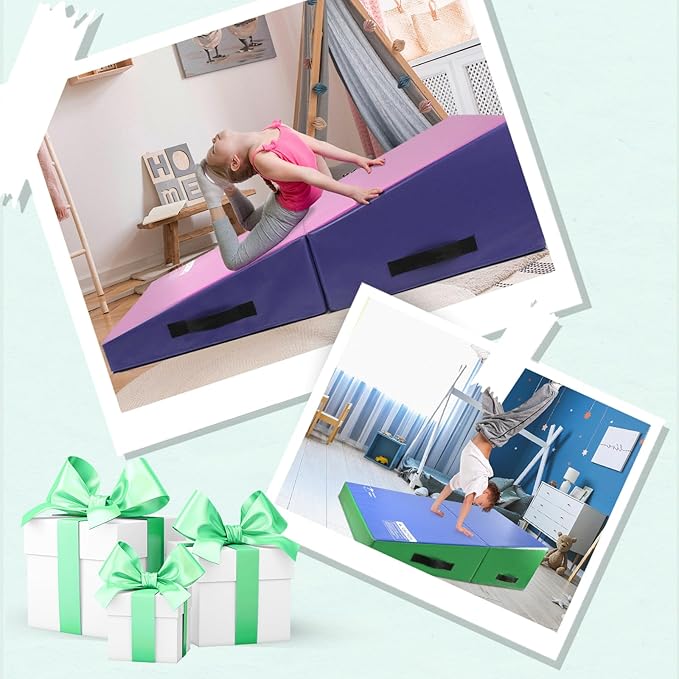 Kangaroo Hoppers Incline Gymnastics Mat, 48”x24”x14” / 56"x28"x15" / 34”x24”x13” Folding Wedge for Kids Tumbling, Skill Training, Multiple Colors Cheese Mat for Gymnastics, Home Gym Exercise-FlexoryFit