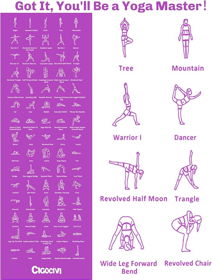 Instructional Travel Yoga Mat with 75 Poses & Exercises - Non-slip Exercise Mat for Home Workout, Includes Carrying Bag - Perfect for Beginners, 68"x24"x0.25"-FlexoryFit