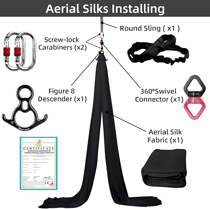 PRIOR FITNESS Aerial Silks Kit Colorful 9/15/20 Yards 40D Nylon Fabric Hammock Set With Hardware & Guide for All Levels Of Aerial Yoga Practice and Acrobatic Flying For Adults Aerial silk-FlexoryFit