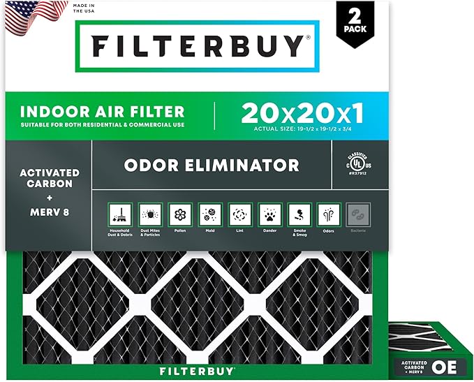 Filterbuy 20x20x1 Air Filter MERV 8 (MPR 700) Odor Eliminator Replacement (2-Pack), Electrostatic Pleated HVAC AC Furnace Filters w/Activated Carbon, Made in USA (Actual Size: 19.50 x 19.50 x 0.75)