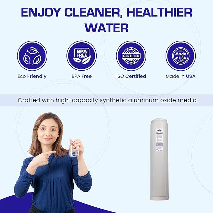 Crystal Quest Aluminum Oxide Fluoride Reduction Filter Cartridge, 4-5/8” x 20, Advanced Media, 6 GPM Flow Rate, Reduces Fluoride Up to 15,000 ppm, Long-Lasting, Easy Installation & Maintenance