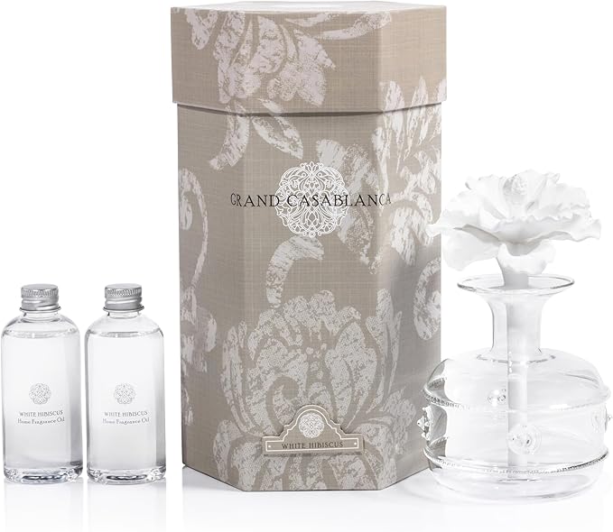 Zodax Grand Casablanca Porcelain Oil Diffuser - Home Fragrance Oil Diffuser Ideal for Living Room, Bathroom, Office - Flower Design - Gift Box Packaging Included - White Hibiscus - 6.76 Oz.
