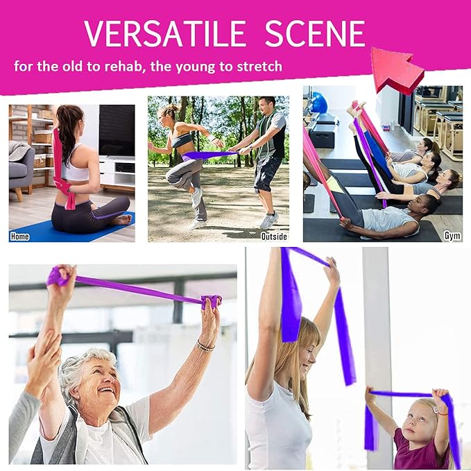 Therapy Flat Resistance Bands Set, Latex Free Flat Elastic Exercise Stretch Bands for Stretching, Flexibility, Pilates, Yoga, Ballet, Gymnastics, Rehab, Workout, Pink, Purple, Blue (3 Pack, 5 FT long)-FlexoryFit