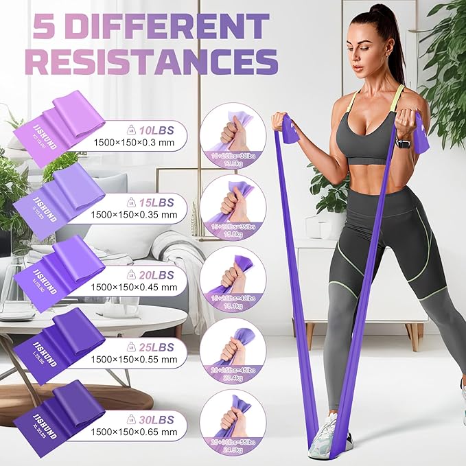 5 Pcs Resistance Bands, Professional Exercise Bands Elastic Stretch Bands for Fitness Yoga Pilates Stretching Strength Training, Workout Bands for Women and Men Home Gym-FlexoryFit