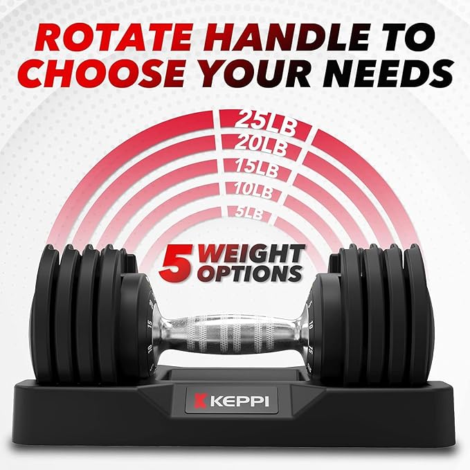 Keppi Adjustable Dumbbells Set-25lb/40lb/55lb/60lb, Anti-Slip Metal Fast Adjust Weight Handle, Exercise & Fitness for Full Body Workout - Adjustable Dumbbell Series-FlexoryFit