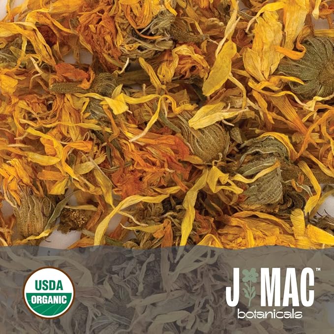 J Mac Botanicals, Organic Calendula Flower (4 ounce), whole dried flowers and petals, loose leaf tea, marigold flower, USDA Certified Organic. Great for loose leaf teas, cocktail bombs, salve-FlexoryFit