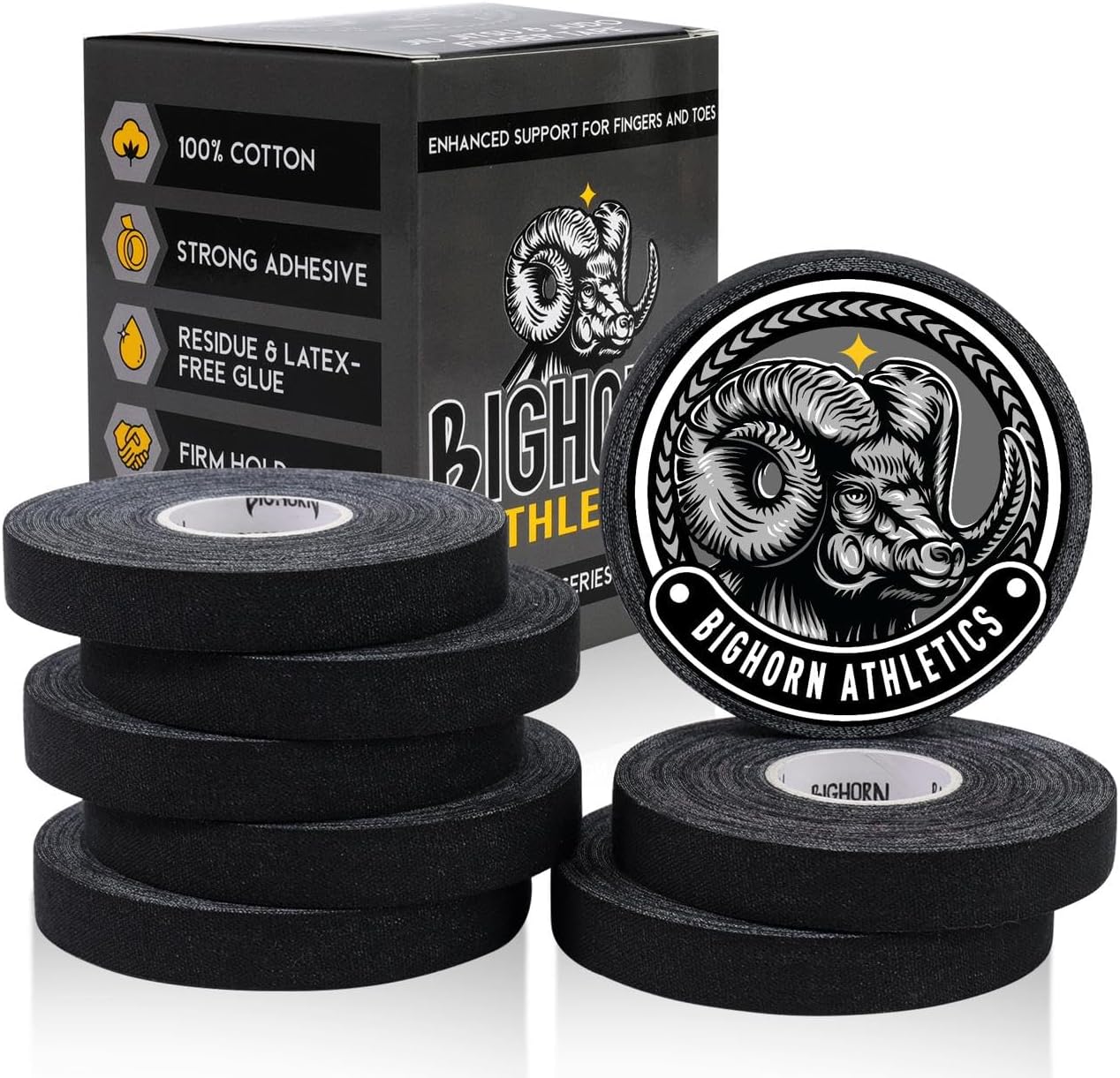 Bighorn Athletics Jiu Jitsu Finger Tape, Rock Climbing Tape | Multipurpose for Sports & Injuries: MMA, Volleyball, Football, Basketball, Tennis, Golf, Hands & Toes, 0.5-Inch x 45-feet, 8-Rolls, Black