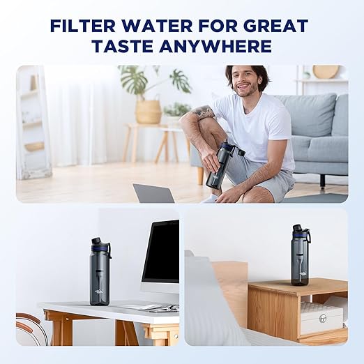 Membrane Solutions C3 Filtered Water Bottle, 36oz BPA-Free Bottle with Replaceable ACFX2 Filter Cartridge, Portable Water Filter, Travel, Hiking & Camping for Drinking Water Anywhere(Grey)