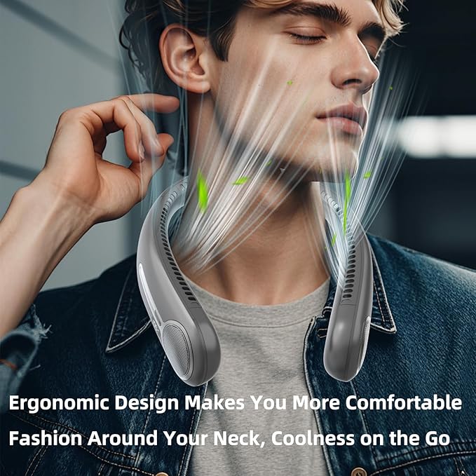 Portable Neck Fan,Hands Free Personal Wearable Bladeless Fan,6000mAh USB Rechargeable,360° Cooling,LED Display,4-Speeds,Birthday Gifts for Men Women Dad Mom,Outdoor Indoor Travel Camping (Dark grey)