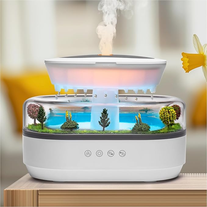 Essential Oil Diffuser 250ML Cloud Humidifier Rain Water Drip Diffuser Humidifier with Drip Music Micro Landscape Ultrasonic Diffuser for Bedroom Office Hotel (White Grey)
