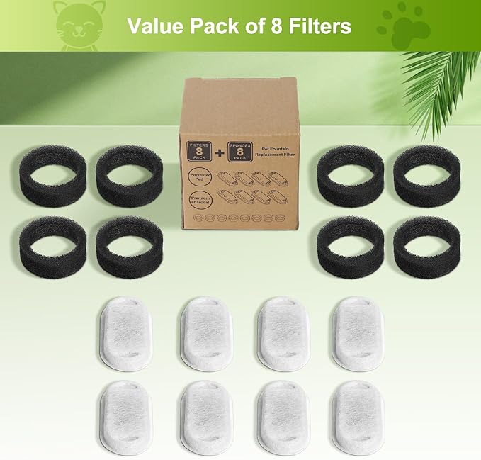 8 Pack Cat Water Fountain Filters, Replacement Filters & Pre-Filter Sponges for 3.2L/108Oz & 67oz/2L Stainless Steel Pet Fountain