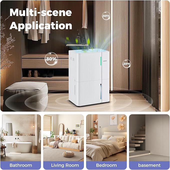 COSTWAY 74 Pints Dehumidifier for Basement, 6000 Sq.Ft Dehumidifier with 24H Timer, 3-Color Indicator, 1.2 Gallon Water Tank, Drain Hose & Wheels for Bathroom, Bedroom