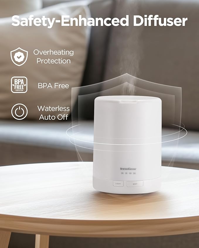InnoGear 300ML Essential Oil Diffuser, Premium 5-in-1 Ultrasonic Aromatherapy Diffusers Scent Humidifier Aroma Diffuser Vaporizer Auto-Off Timer for Room Office Home, Basic White, Medium