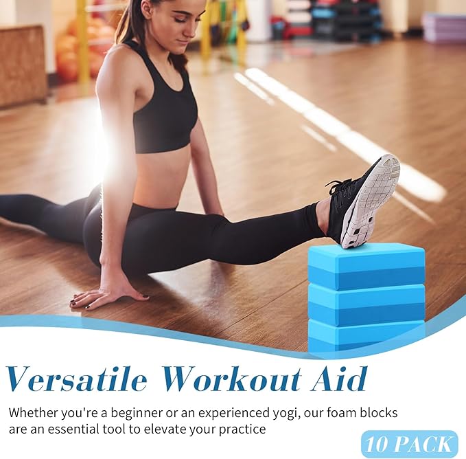Liliful 10 Pcs Yoga Blocks Bulk Eva Foam Exercise Yoga Brick Soft Non Slip Surface Foam Blocks High Density Yoga Accessories for Workout Stability Balance Deepen Stretches Pilates 9''x6''x3''(Blue)-FlexoryFit