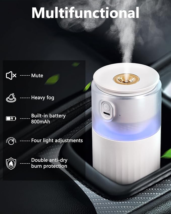 OATSBASF Portable Mini Humidifier, Small Cool Mist for Car With Night Light, 28dB Quiet Air Humidifier for Bedroom, Office, Plants, Dorm, 2 Mist Modes, Easy to Fill and Clean (White)