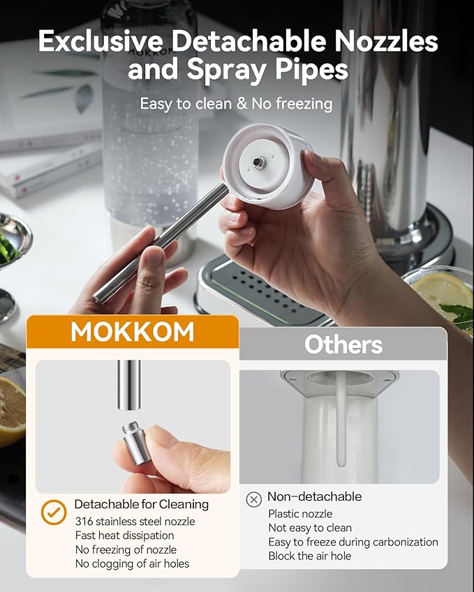 MOKKOM Sparkling Water Maker, Soda Streaming Machine with 1L PET Carbonating Bottle, Carbonates Any Drink, Soda Maker Compatible with 60L CO2 Carbonator (NOT Included) - Stainless Steel