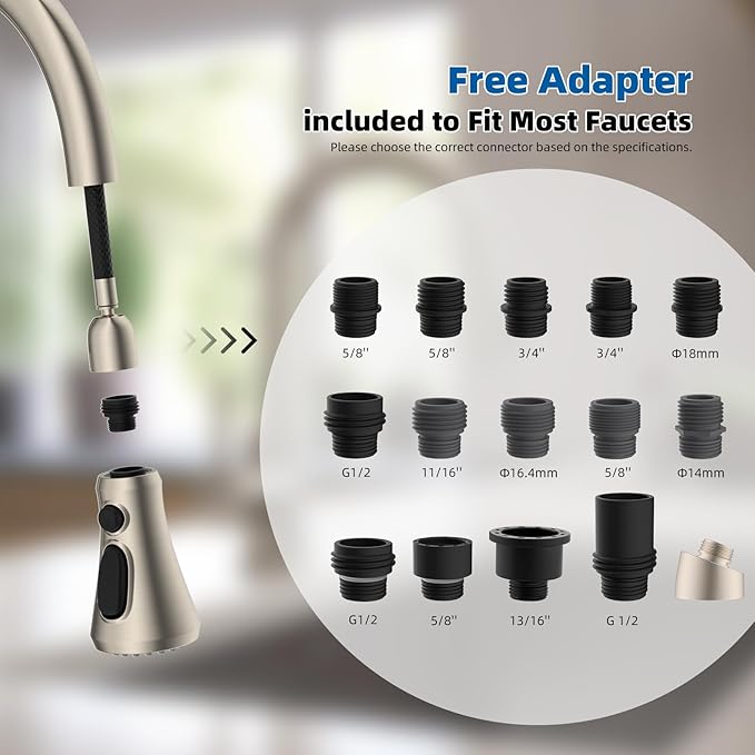 Hibbent Pull Down Kitchen Faucet Head Replacement, 3-Function Kitchen Faucet Head Sink Spray Nozzle with 15 Adapters Compatible with Moen, American Standard, Delta, Kohler Faucets, Brushed Nickel