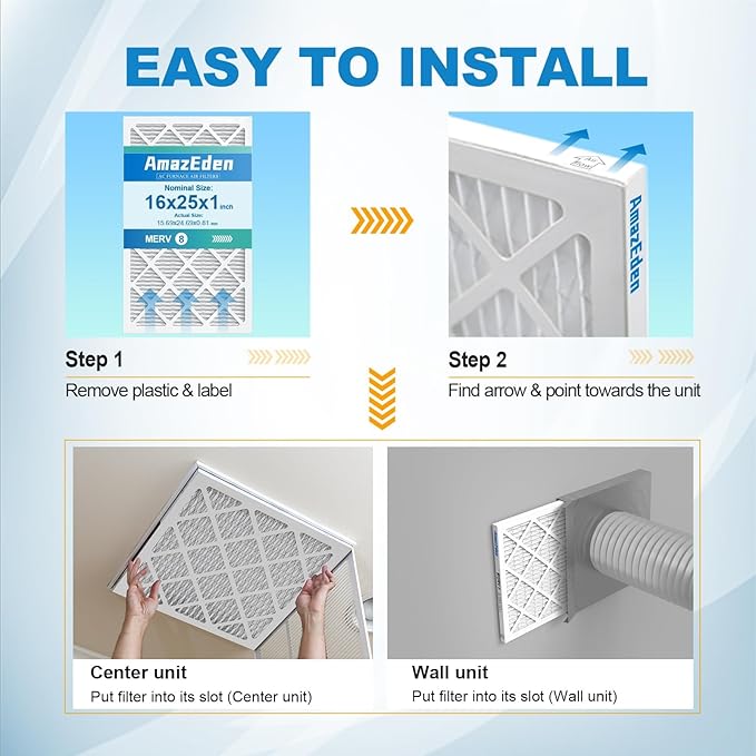16x25x1 Air Filter 4-Pack MERV 8 MPR 600 Pleated Furnace Filters Replacement HVAC AC Furnace Dust Defense (Actual Size: 15.69x24.69x0.81 Inches)