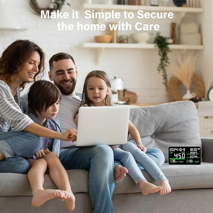 7-In-1 Indoor Air Quality Monitor Rechargeable Home CO2 Monitor,Temp, CO2, TVOC, HCHO,RH,Time, Date, LED Air Quality Tester Carbon Dioxide Detector For Office Hotel Real Time Desktop Air Quality Meter