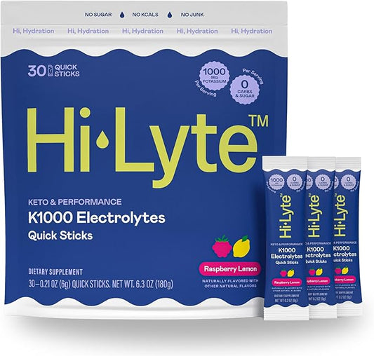 Hi-Lyte Keto & Performance - K1000 Electrolyte Quick Sticks - Raspberry Lemon - 1000mg Potassium, Magnesium, Calcium - Single-Serve Packets for Keto Hydration Support - No Sugar, No Carbs-FlexoryFit